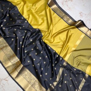 *Banarasi Half And Half Saree Black And Mustard Yellow Shade Semi Katan Soft Silk Saree.*