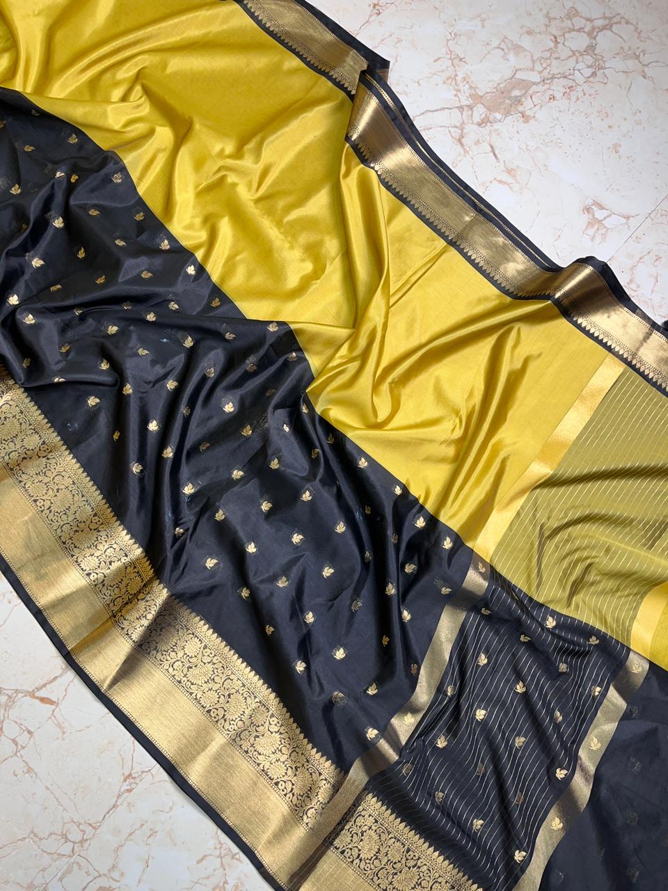 *Banarasi Half And Half Saree Black And Mustard Yellow Shade Semi Katan Soft Silk Saree.*