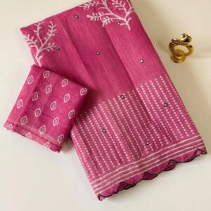 *Elegant  Linen Saree with Striped Pallu and Mirror Work Sarees*
