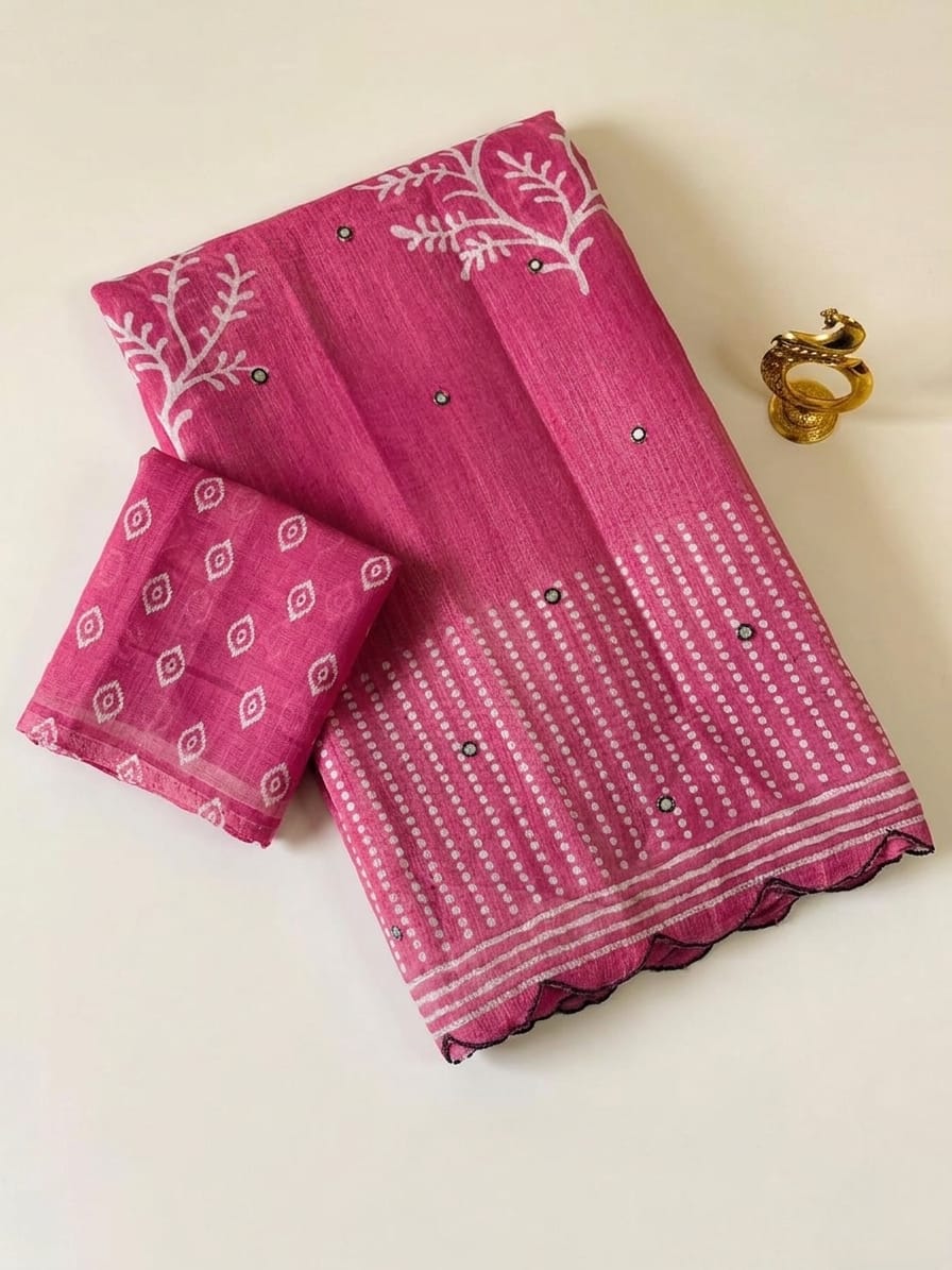 *Elegant  Linen Saree with Striped Pallu and Mirror Work Sarees*