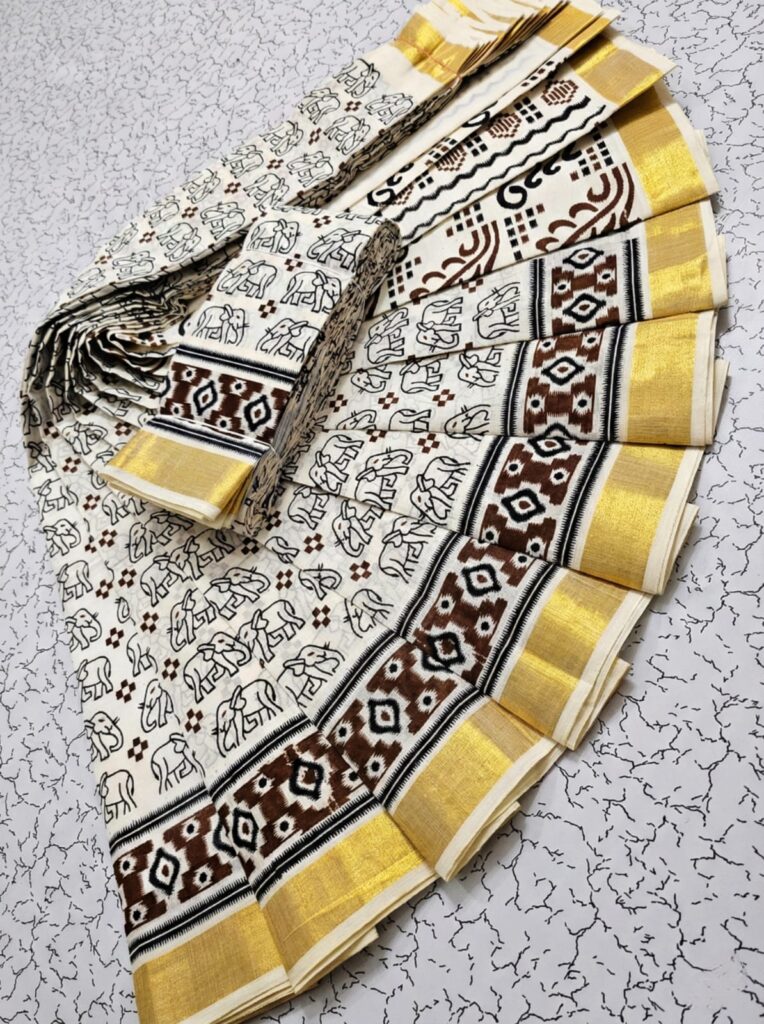 PRINTED WORK KERALA COTTON SAREES KGR Family collections