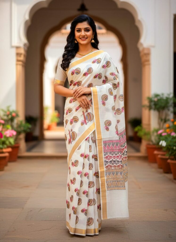 PRINTED WORK KERALA COTTON SAREES KGR Family collections