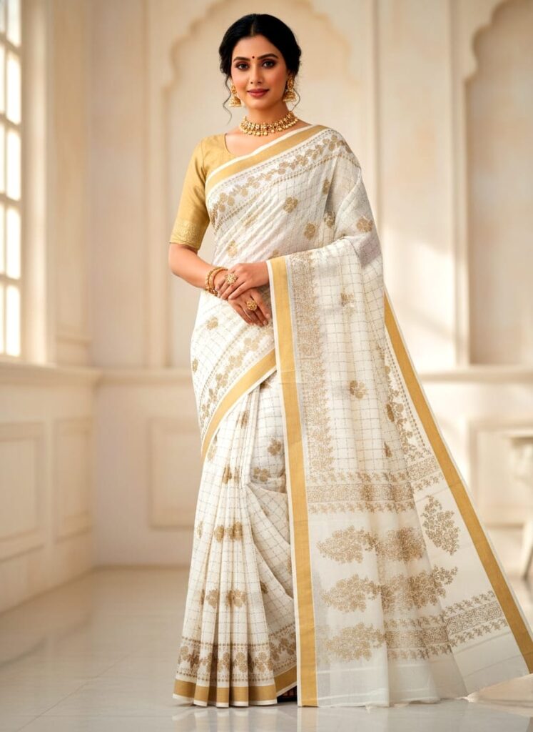 PRINTED WORK KERALA COTTON SAREES KGR Family collections