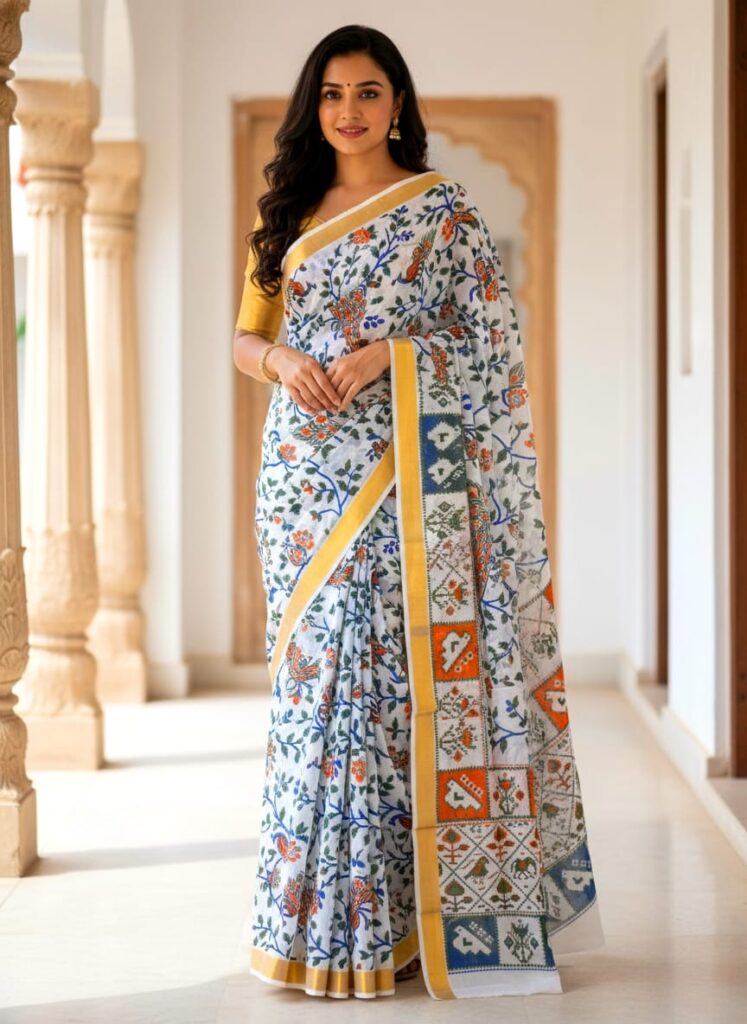 PRINTED WORK KERALA COTTON SAREES KGR Family collections