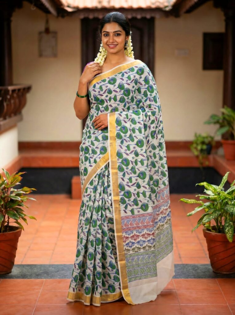 PRINTED WORK Kerala COTTON SAREES KGR Family collections