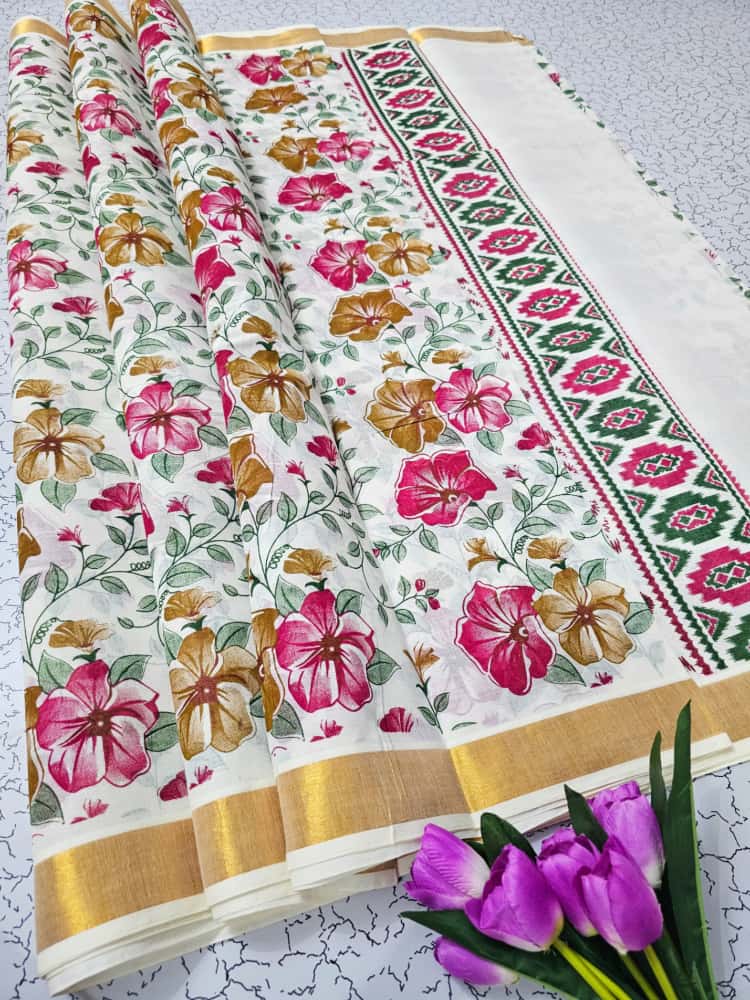 PRINTED WORK Kerala COTTON SAREES KGR Family collections