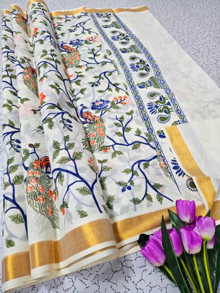 PRINTED WORK Kerala COTTON SAREES KGR Family collections