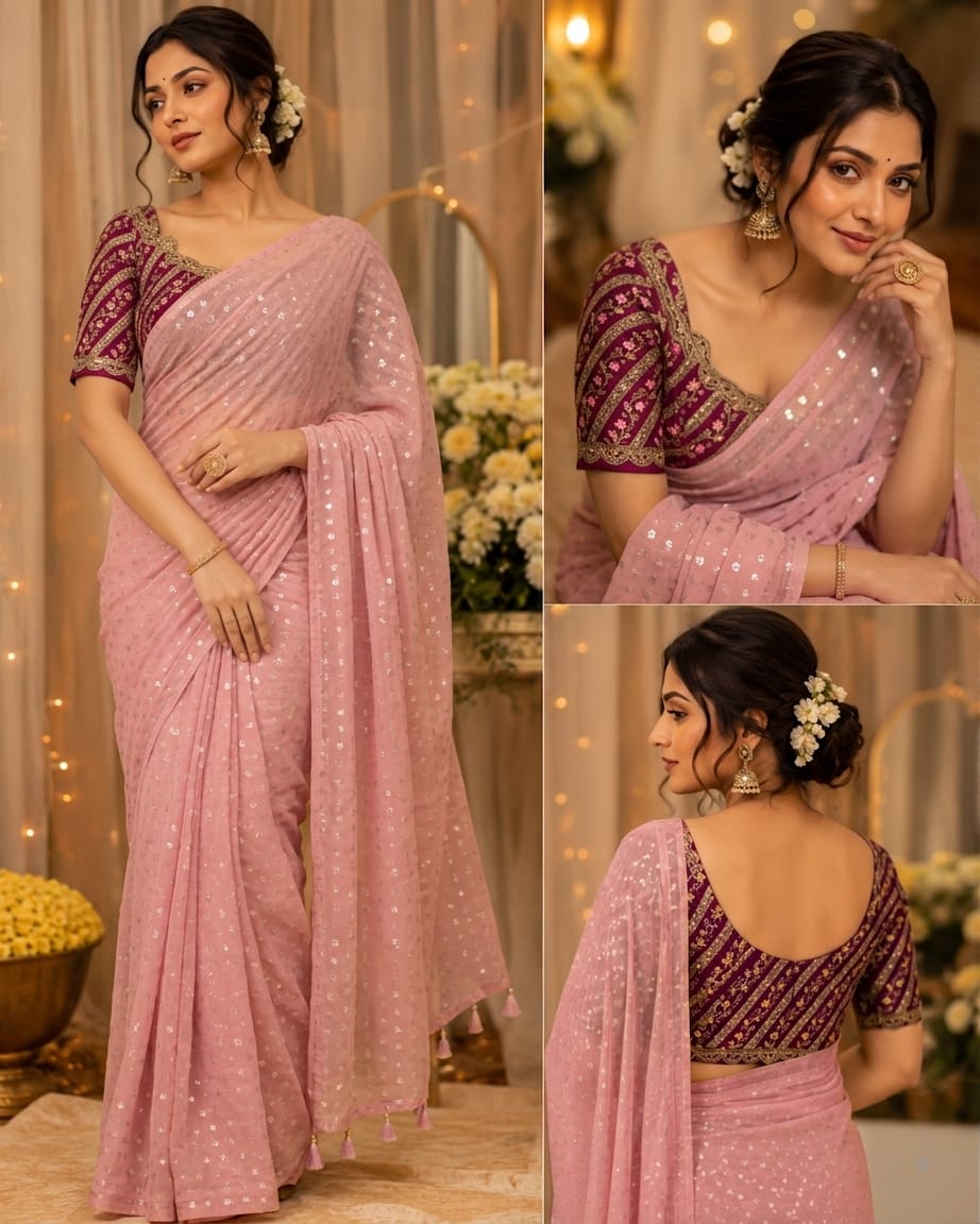 *Chandini Party Wear Viscose Georgette With Small putti work Fancy Designer Saree *