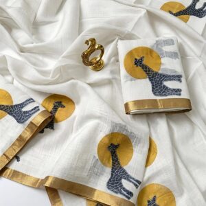 *Elegant Linen-Cotton Saree with Giraffe Design*