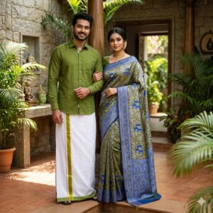 ELITE BRIDAL PICK &PICK FANCY COUPLE SAREES & COTTON SHIRT WITH SILK COTTON DOTHI MATCHING SET_