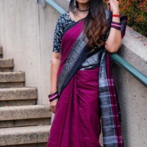 New Arrival of Premium trending Wine Colour Pure Cotton Sarees with kalamkari blouse