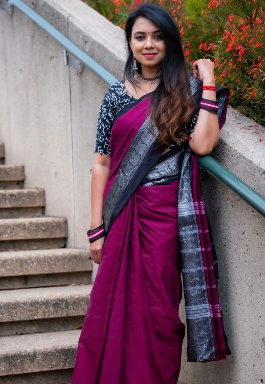 New Arrival of Premium trending Wine Colour Pure Cotton Sarees with kalamkari blouse